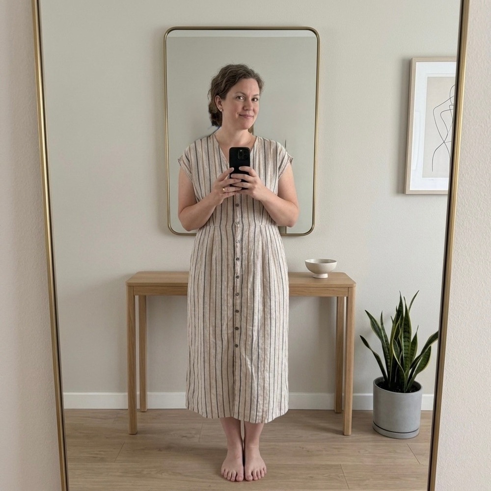 Garnet Hill 100% Linen Dress Womens 16 Beige Striped Button Front Coastal Lagom - Picture 2 of 7